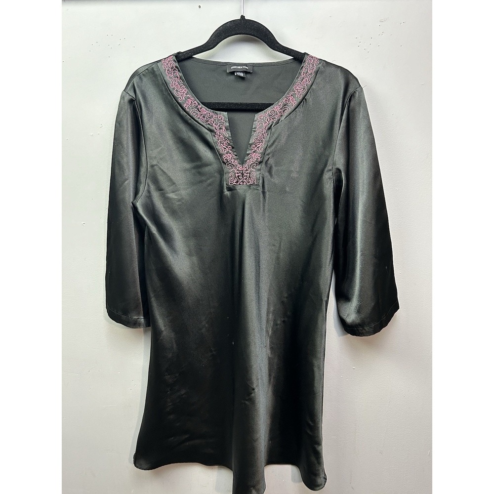 Jones New York Mini Dress Womens Large Black Satin Embroidered V-Neck 3/4 Sleeve